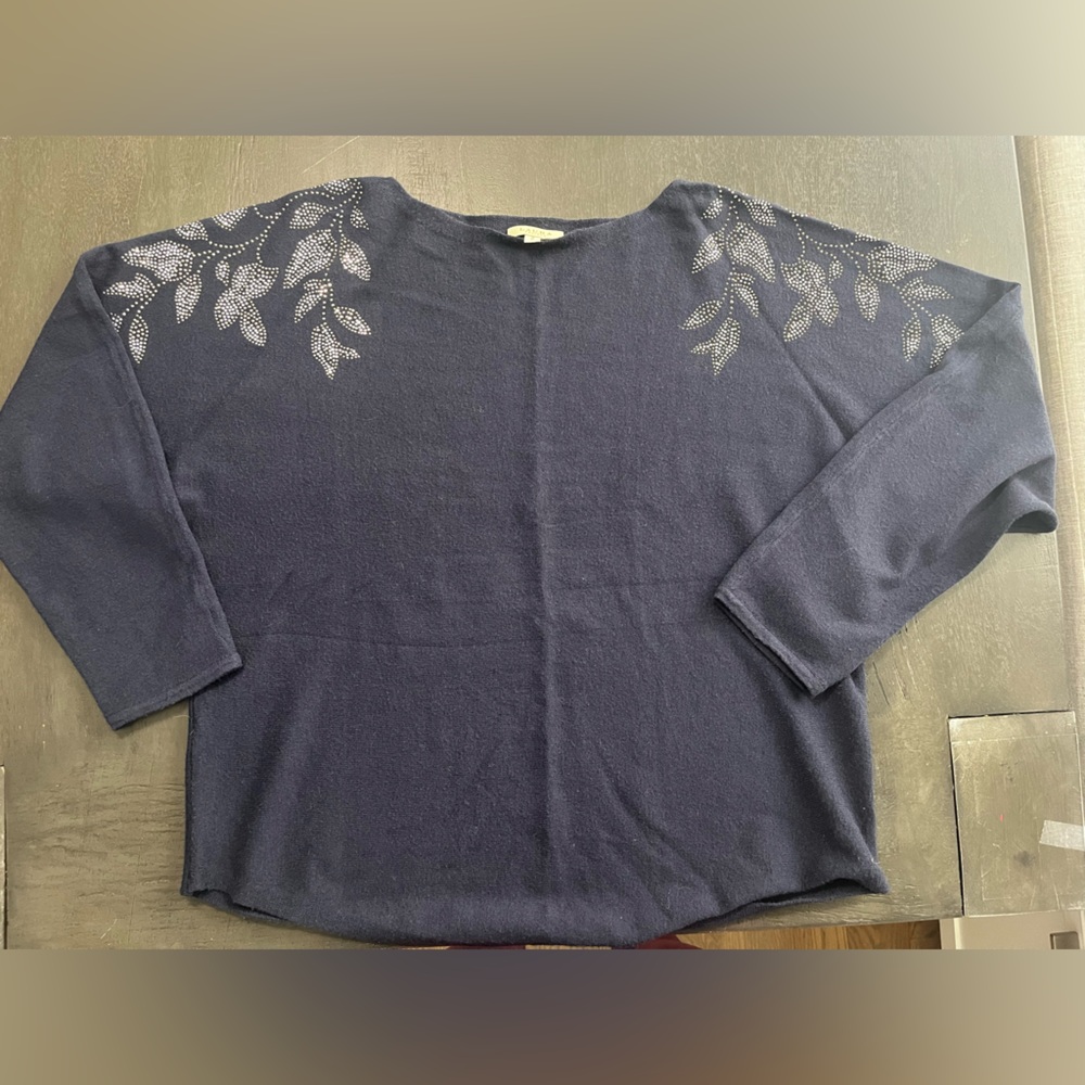 Laura Petites Navy Blue Rhinestone Leaf Shoulder Boat Neck Sweater Womens Medium